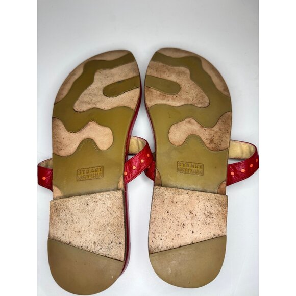 VTG Stuart Weitzman Red Leather Sandals 8.5 Floral Applique Thong Y2K Boho Vacay - Picture 14 of 16